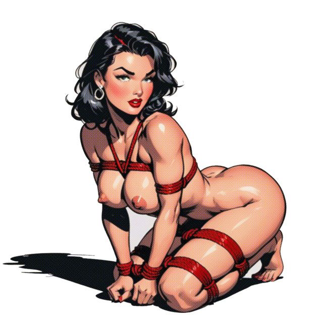 A retro image of a woman in shibari bondage